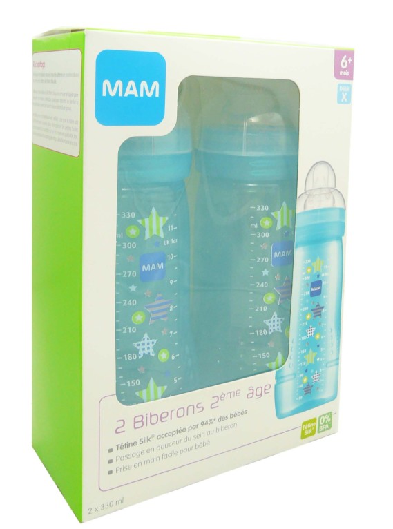 MAM Easy Active Biberon 2ème Âge 330 ml 6 Mois et + - Couleur : Vert -  PharmaJ