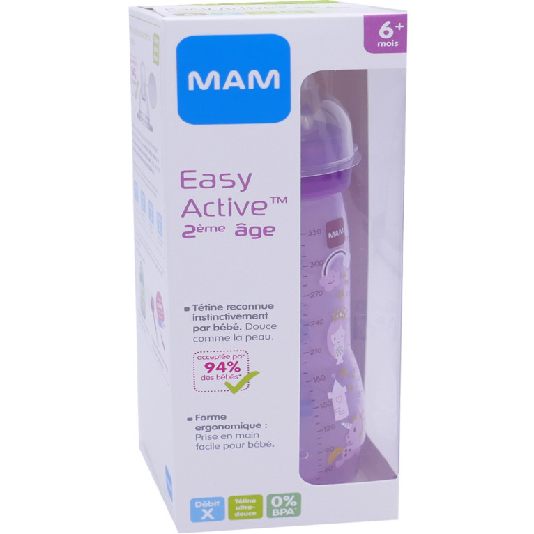 MAM Biberon Easy Active + 6 Mois 330 ml Rose - Tétine Débit X -  9001616698163