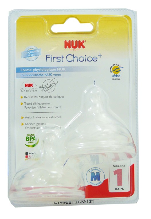 NUK First Choice + 2 Tétines Physiologiques silicone 0-6 mois taille M