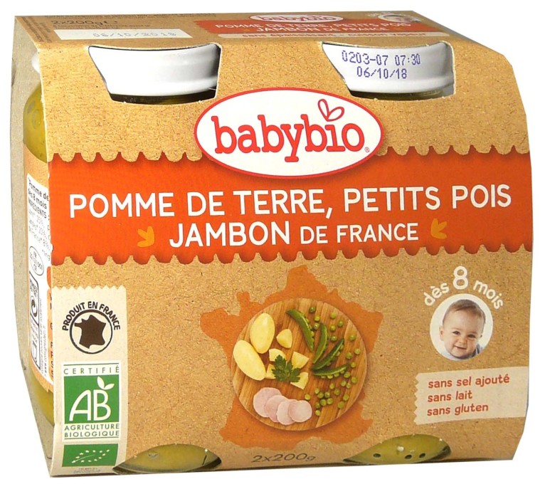 Babybio Petits pots Bébé Pomme de terre, petits pois et jambon Bio