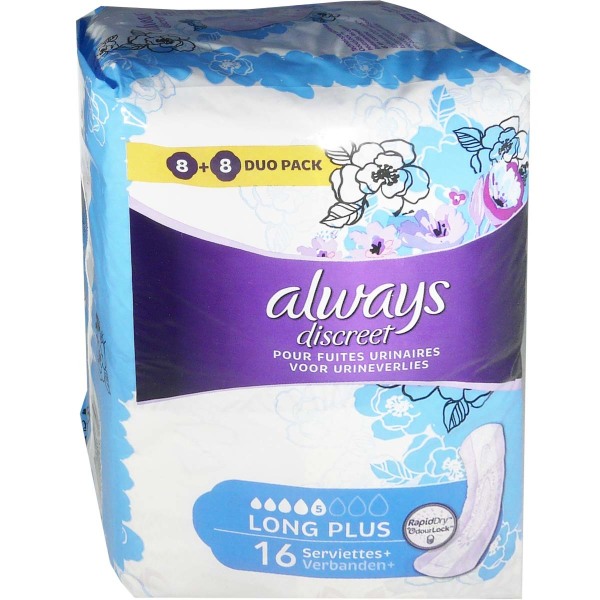 ALWAYS DISCREET POUR FUITES URINAIRES 16 SERVIETTES LONG PLUS